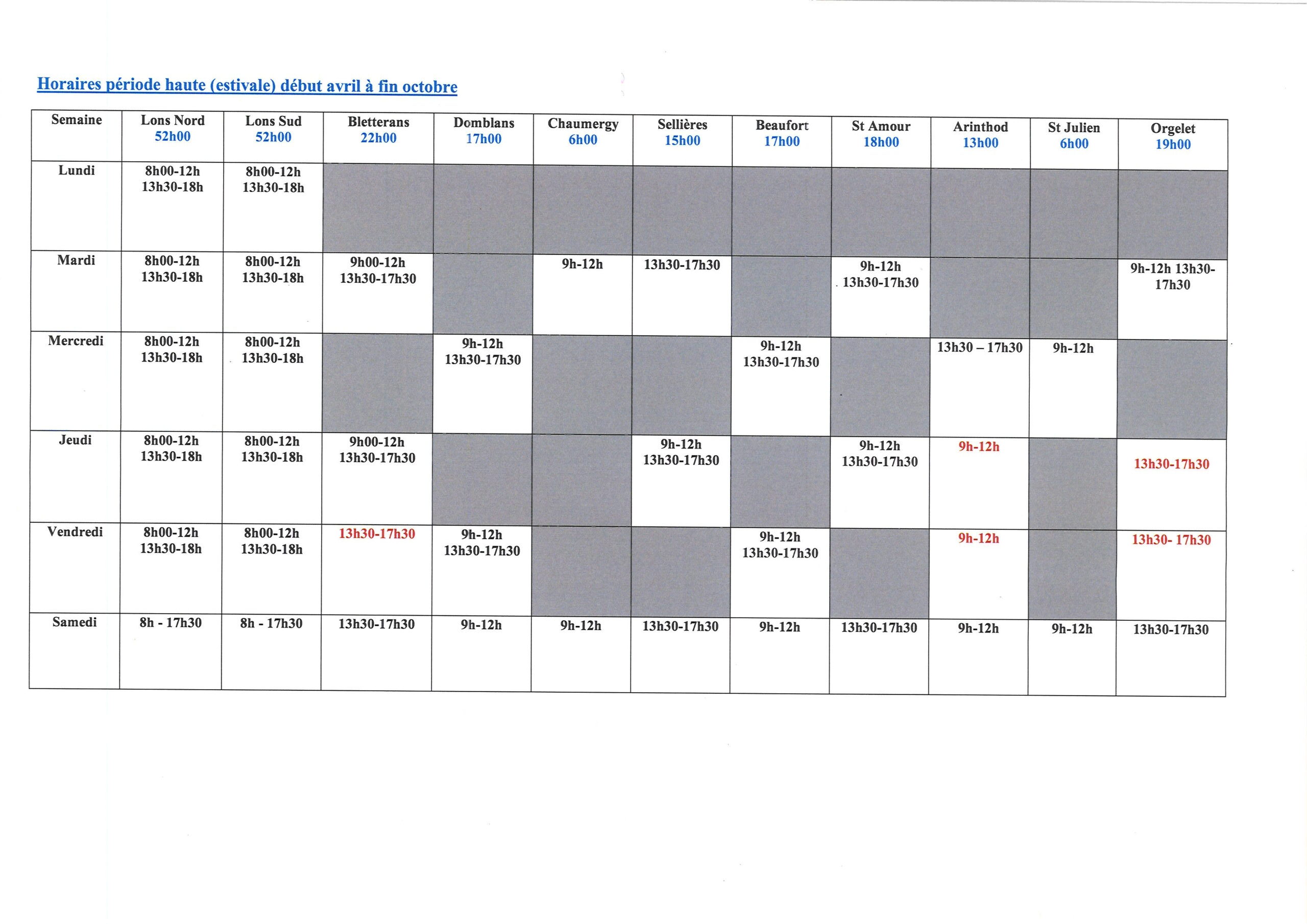 horaires de la déchetterie